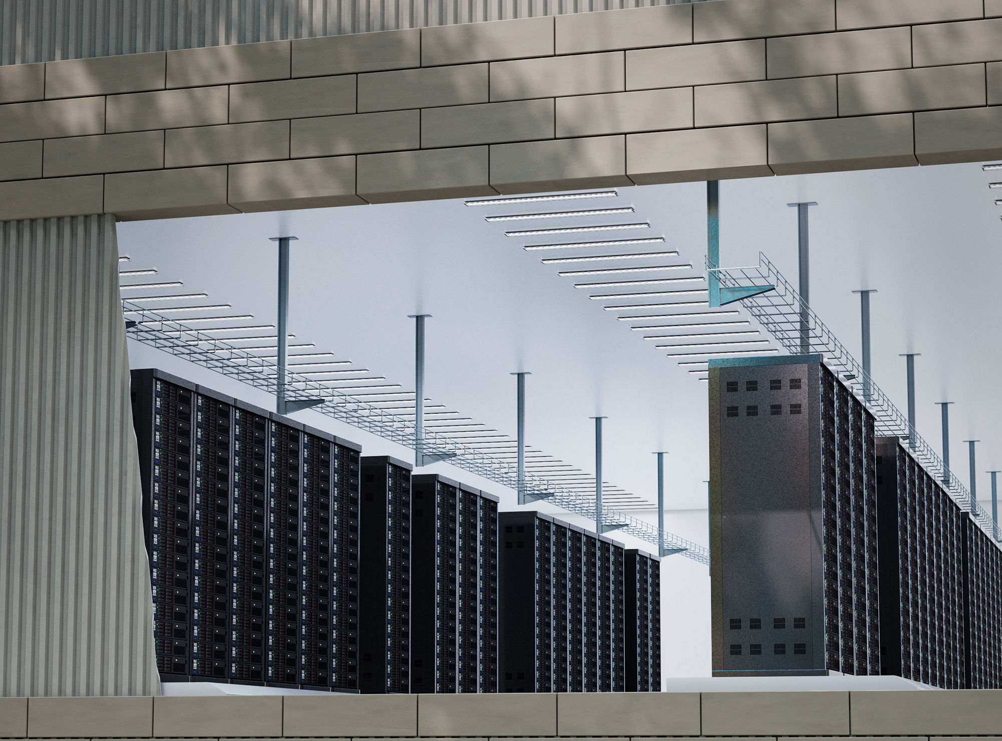 Domaines d'application Anschnitt eines Rechenzentrums mit zwei Räumen in denen Serverschränke zu sehen sind. Im oberen Raum ohne Busbar-System und unten mit.